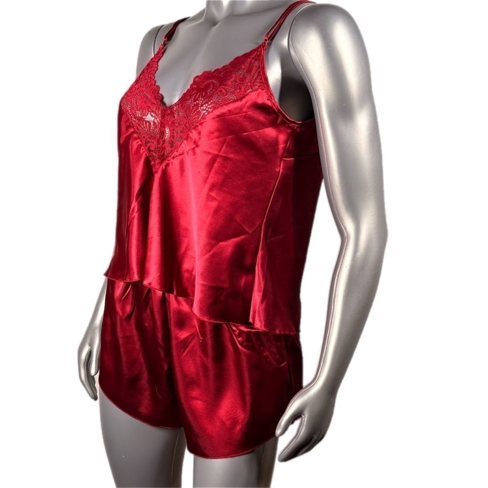 Red Satin Pajama Set with Lace Trim Adjustable Strap Top & Shorts - Picture 6 of 11